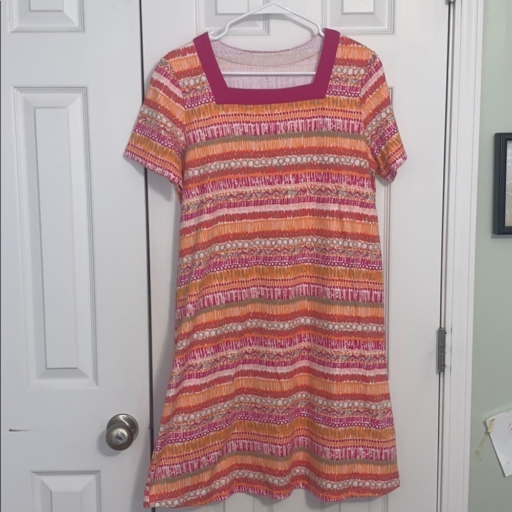 Kim Rogers pink and orange shift dress with square neckline size medium